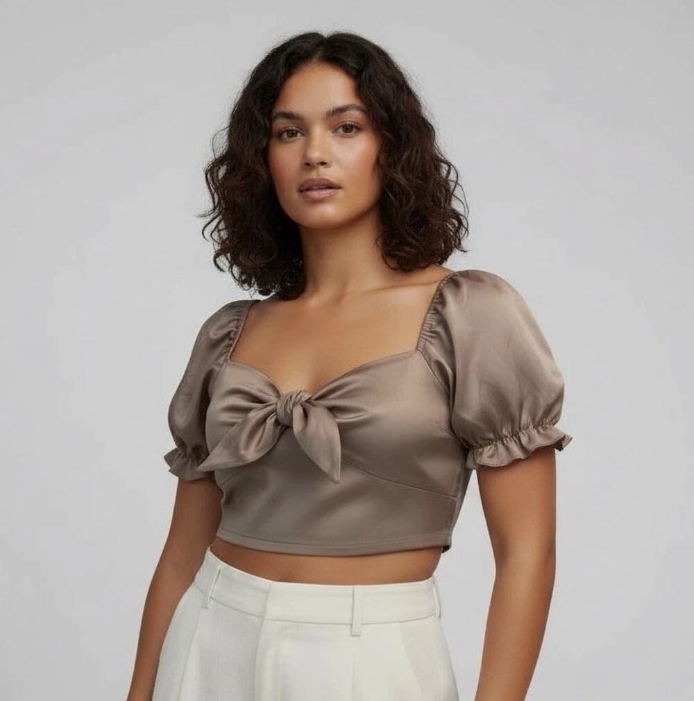 Brown Satin Puff Sleeve Romantic Crop Top L Y2K Coquette Square Neck Front Tie